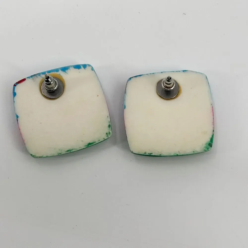 Hand-Painted Square Earrings – Tropical Scene, Pink Palm‎ Trees, Folk Art Style